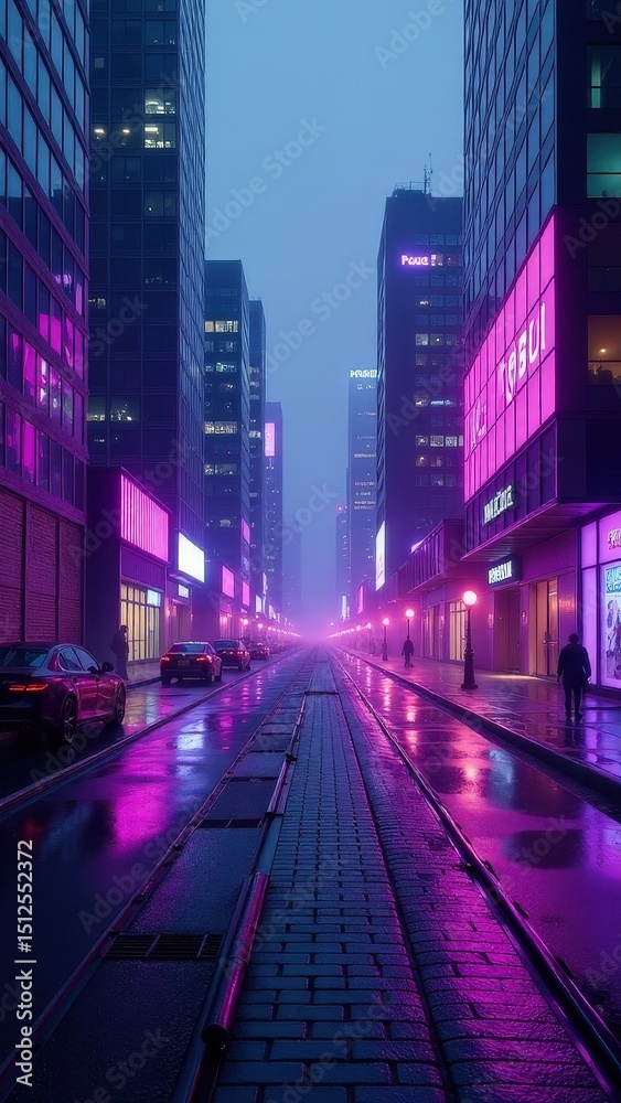 Obraz premium The city street is illuminated by neon lights, creating a vibrant and colorful atmosphere