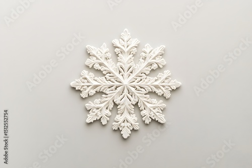 a snowflake with ornate decorative and intricate design shines in winter white frost, symmetrical and elegant with detailed 3D embossed relief