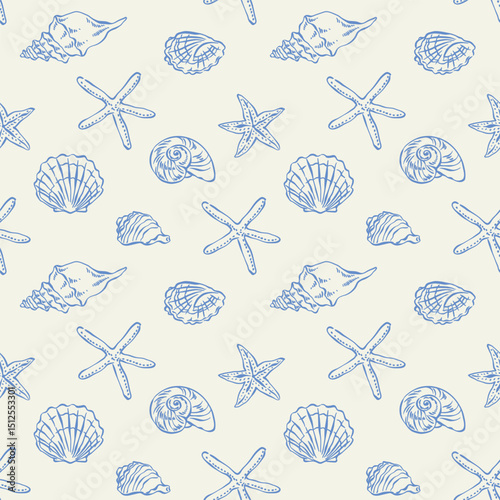 Seashell seamless pattern in hand drawn. Seamless pattern with seashells and starfish in blue line art style on a light background for fabric, wrapping, packaging, summer nautical design, wallpaper.