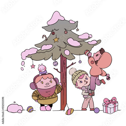 Kids decorating a christmas tree