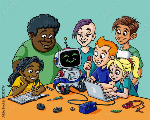Diverse group of kids building and programming a robot together for a STEM related project