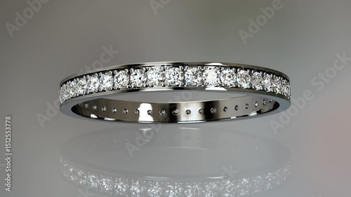 Platinum eternity ring with tiny diamonds swaying on gray background. Seamless loop 3D animation