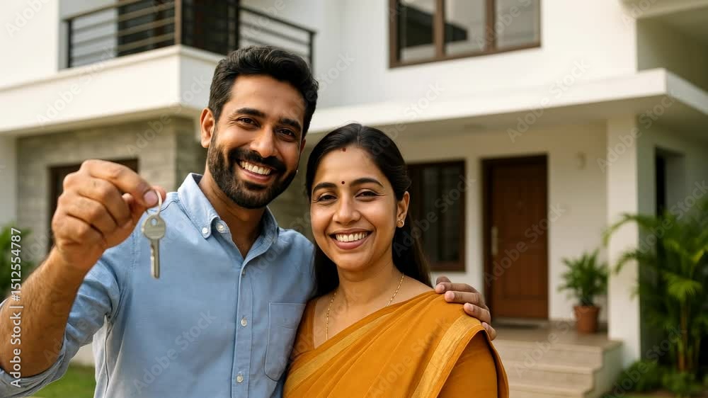 A happy couple holds keys in front of a new home, captured from a front-facing angle, conveying a joyful home-buying moment, ideal for a real estate video.