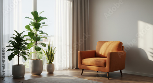 Sunlit Living Room with Comfortable Armchair and Lush Potted Plants