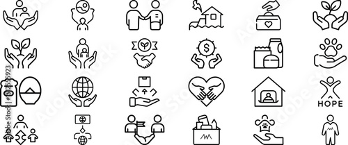 Vector Line Icons Set for Charity, Humanitarian Aid, Donation, Community Support, Disaster Relief, Food and Pet Assistance, Volunteer Work, and Nonprofit Outreach Services