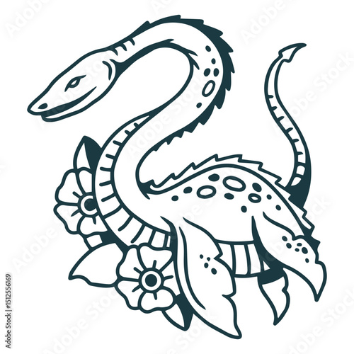 Stylized sea serpent illustration with floral accents