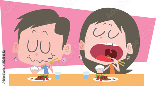 もぐもぐと食事をする男女主線なし
