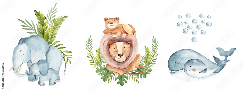 Obraz premium Set of Wild animals families with tropical leaves compositions. Cute elephant, lion and whale baby and adults. Watercolor hand drawn illustrations isolated on white background. For kid cards and