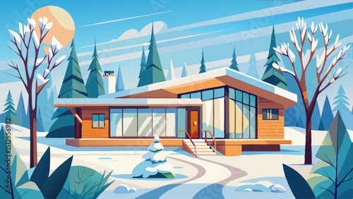 A Scandinavian home with flat roof, light wood accents, wide windows, and white walls. Surrounded by snow-covered trees, it represents clean lines, simplicity, and functional Nordic architecture.

