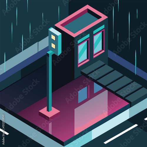 Isometric rainy street corner with neon signs and reflections