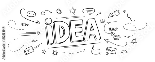 Creative Hand-Drawn IDEA Doodle with Arrows Stars and Speech Bubbles Vector
