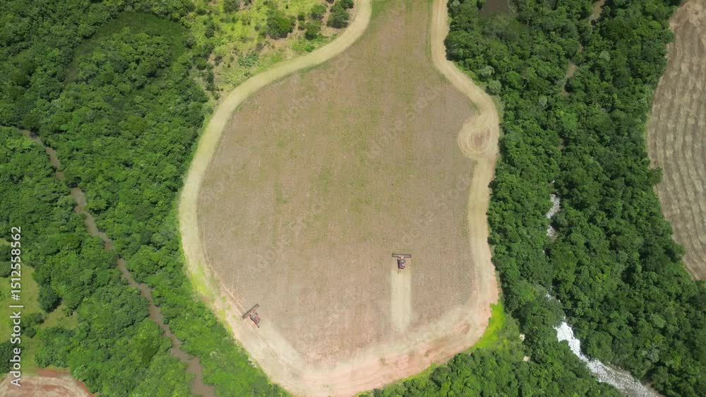 landscape, river, vegetation, nature, green, planting, soy, corn, machines, working, farm, Brazil,