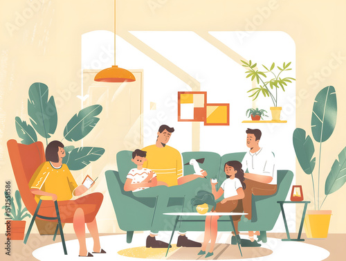 An illustrated family having breakfast together in a colorful dining area, highlighting love, joy, and togetherness.