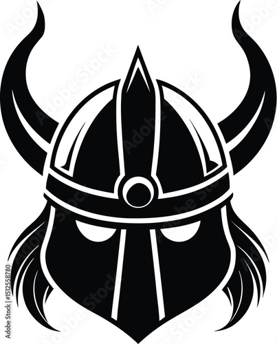 Viking helmet silhouette, horned helmet icon, warrior headgear vector, medieval armor symbol, black graphic design