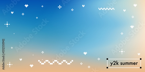 Abstract seaside gradient background with pixel wave and sparkle elements. Blurred sea, ocean landscape vector texture in blue and beige. Y2k retro pattern. Tropical state of mind pastel color wide