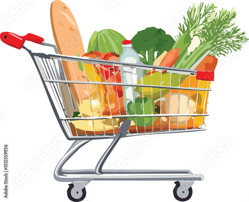Shopping Cart with Groceries – Colorful Vector Market Illustration