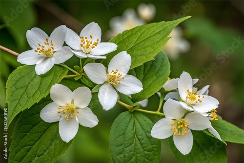 Cluster of blooming mock orange flowers with delicate white petals and yellow stamens against green foliage in natural light photo