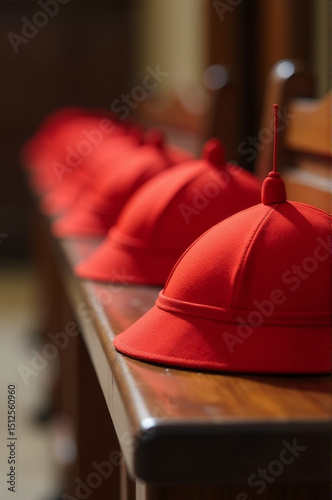 A row of red hats sitting on a wooden bench, ideal for use in photography, decoration or still life compositions photo
