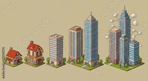 Isometric illustration of a city street with tall buildings and cars.
