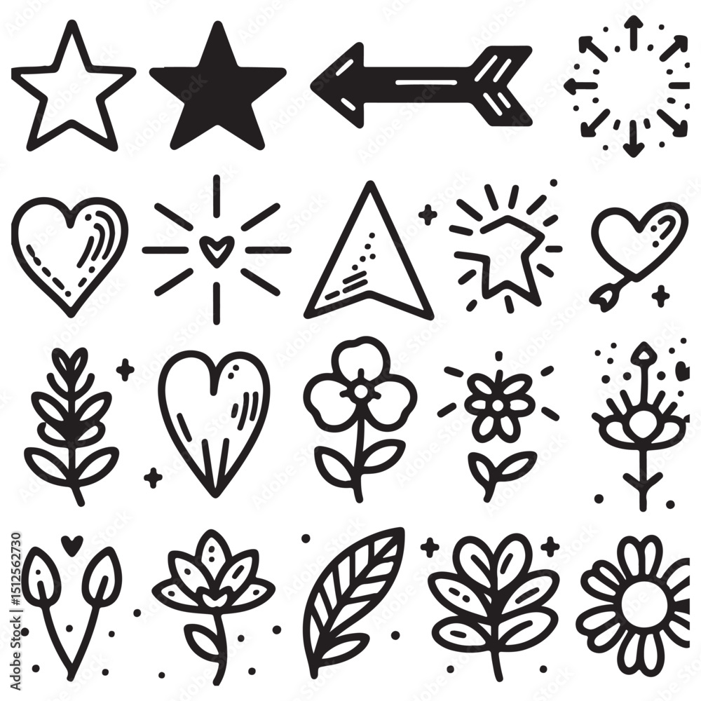 Fototapeta premium cute glitter pen line elements. Heart, arrow, star, sparkle decoration symbol set. Simple sketch line style emphasis, attention, effect hand drawn shapes. Vector illustration 