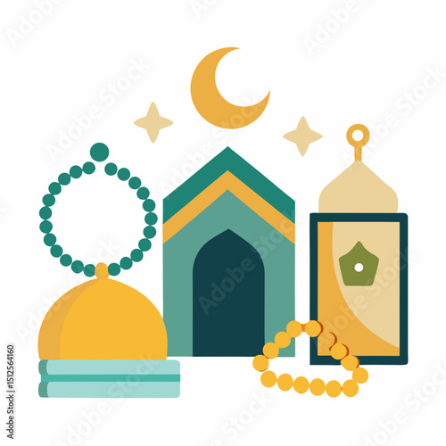 Muharram Vector Illustration – Islamic Lanterns, Prayer, Religious Symbolism, Heritage Concept