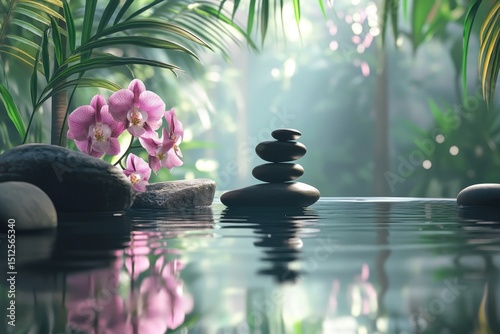 Experience serenity in a tranquil zen spa sanctuary featuring vibrant pink orchids and soothing stones in calm water amidst lush greenery