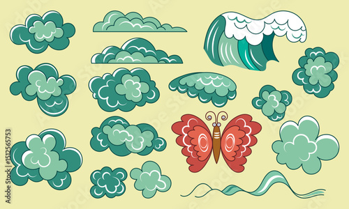 Thirteen stylized clouds, wave and butterfly. Icons, badges. Vector set