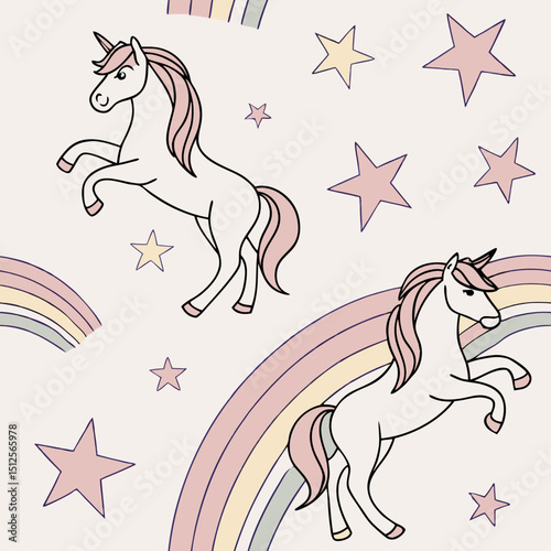 Playful unicorns with rainbows and stars in pastel cartoon pattern