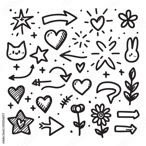cute glitter pen line elements. Heart, arrow, star, sparkle decoration symbol set. Simple sketch line style emphasis, attention, effect hand drawn shapes. Vector illustration 