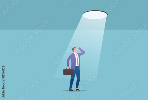 Vector illustration of a businessman standing under the spotlight, looking forward with his hand on his forehead and holding a briefcase, symbolizing attention to career, searching for opportunities