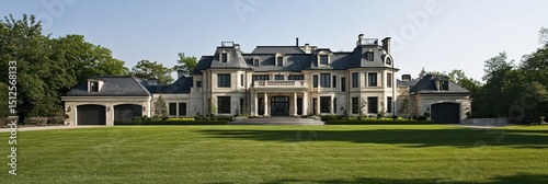 Luxurious Custom-Built Estate in Toronto Suburbs with Expansive Exterior and Modern Garage on Lush Green Lawn photo