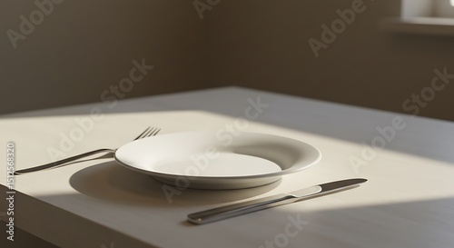 Minimalist Table Setting  Empty Plate, Knife, and Fork in Sunlight