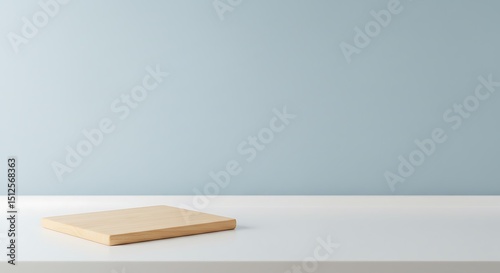 Minimalist Wooden Platform on White Surface Against Light Blue Wall Product Display Mockup