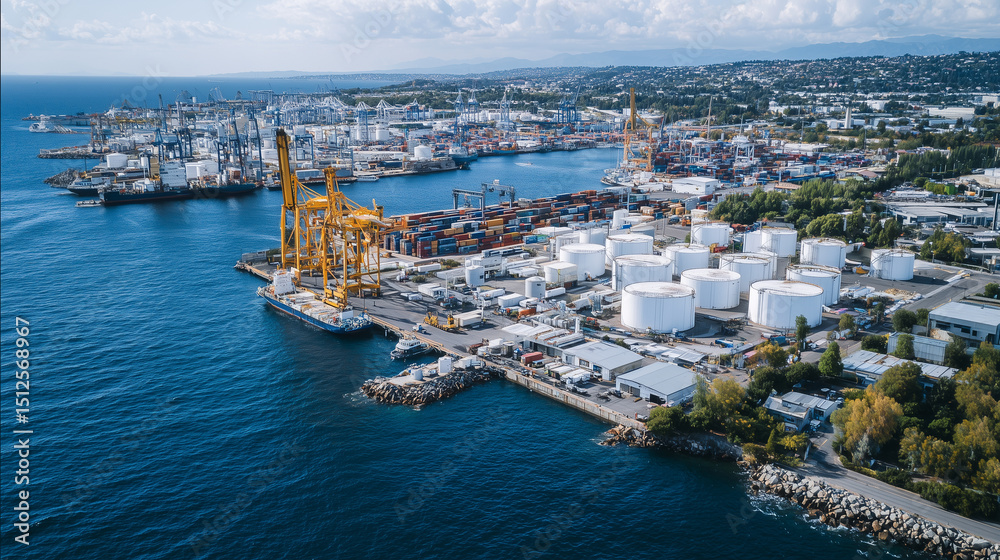Obraz premium Aerial shot of a complex agro-industrial logistics network connecting farms, warehouses, and ports