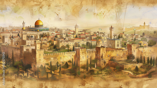 Ancient city map of Jerusalem before destruction in 607 BCE. Painting of Jerusalem old holy city, distinctive walls and structures. Panorama of the old town of Jerusalem 