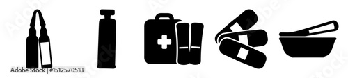 Black and white vector graphic depicting various medical and first aid supplies