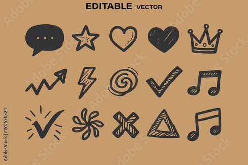 Collection of Hand Drawn Doodle Icons on Brown Background Includes Speech Bubble Star Heart Crown Arrow Lightning and Music Notes