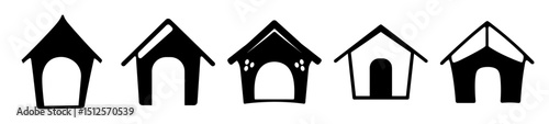 Stylized Line Art of Dog Houses in a Row White Background