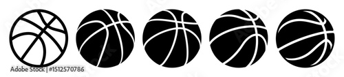 Five basketballs showing different designs and styles in black and white