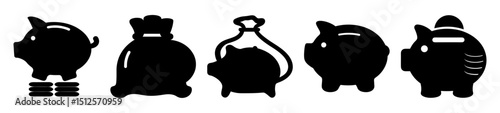 Illustrations of Savings and Wealth, piggy banks and money bags symbols