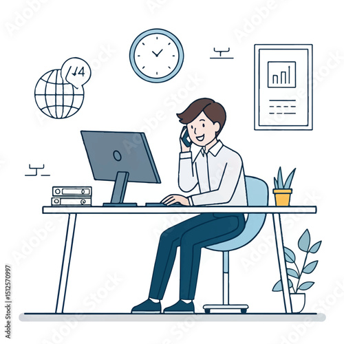 Business man in a suit working on a laptop computer at office desk. Flat style vector illustration.