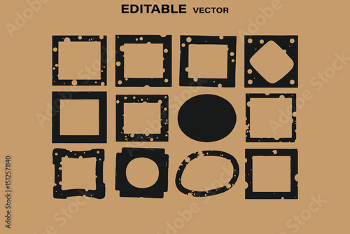 Collection of Grunge Vector Frames with Various Shapes and Styles on a Tan Background Perfect for Design Elements