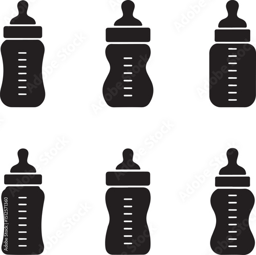 A simple and clean vector illustration featuring six black baby bottle silhouettes on a white background.