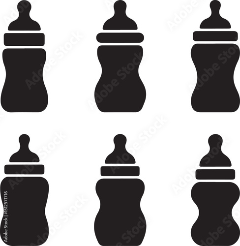 A simple and clean vector illustration featuring six black baby bottle silhouettes on a white background.