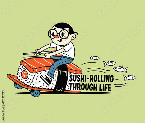 "Sushi-Rolling Through Life" - Cartoon Boy on Sushi Skateboard Illustration