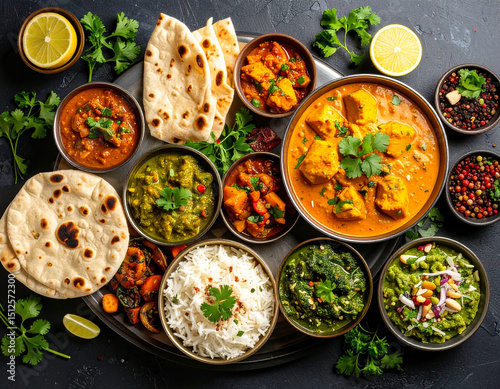 Delicious indian food platter with various curries and naan bread