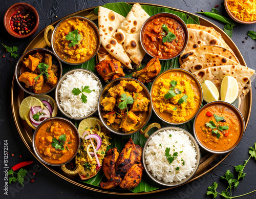 Delicious indian food platter with curries rice naan