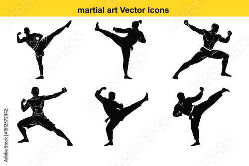 Dynamic vector silhouettes showcasing martial arts movements and action poses