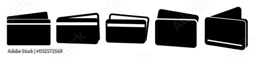 Five icons showcasing various angles and states of credit card wallets.