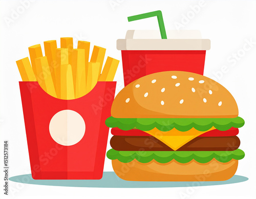 Delicious burger fries and soda combo meal
